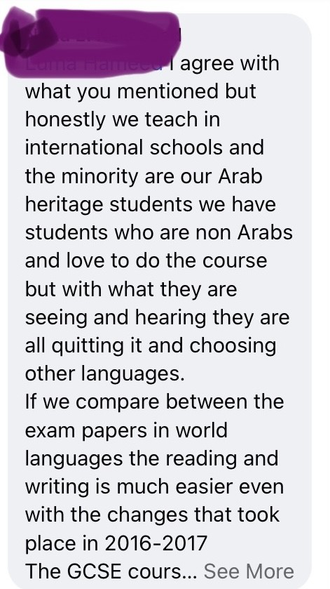 Screenshot of a teacher's Facebook comment about Arabic GCSE difficulty