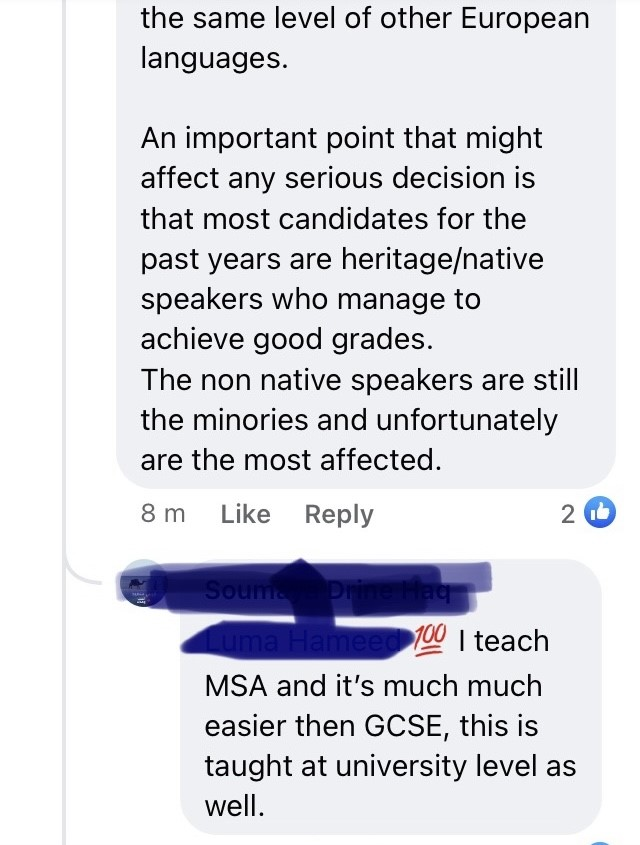 Continuation of the same Facebook discussion about heritage and non-native speakers
